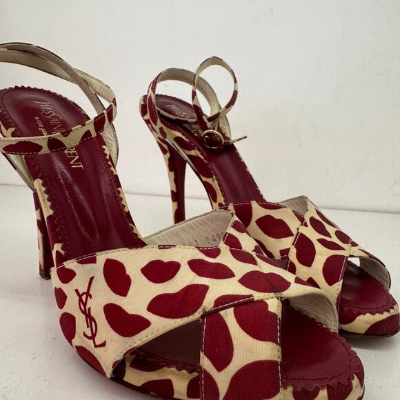 YSL Lips Printed Ankle Strap Heels - Picture 3 of 9